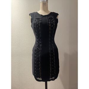 bebe, black bodycon stretchy short dress, lace up detail, size S